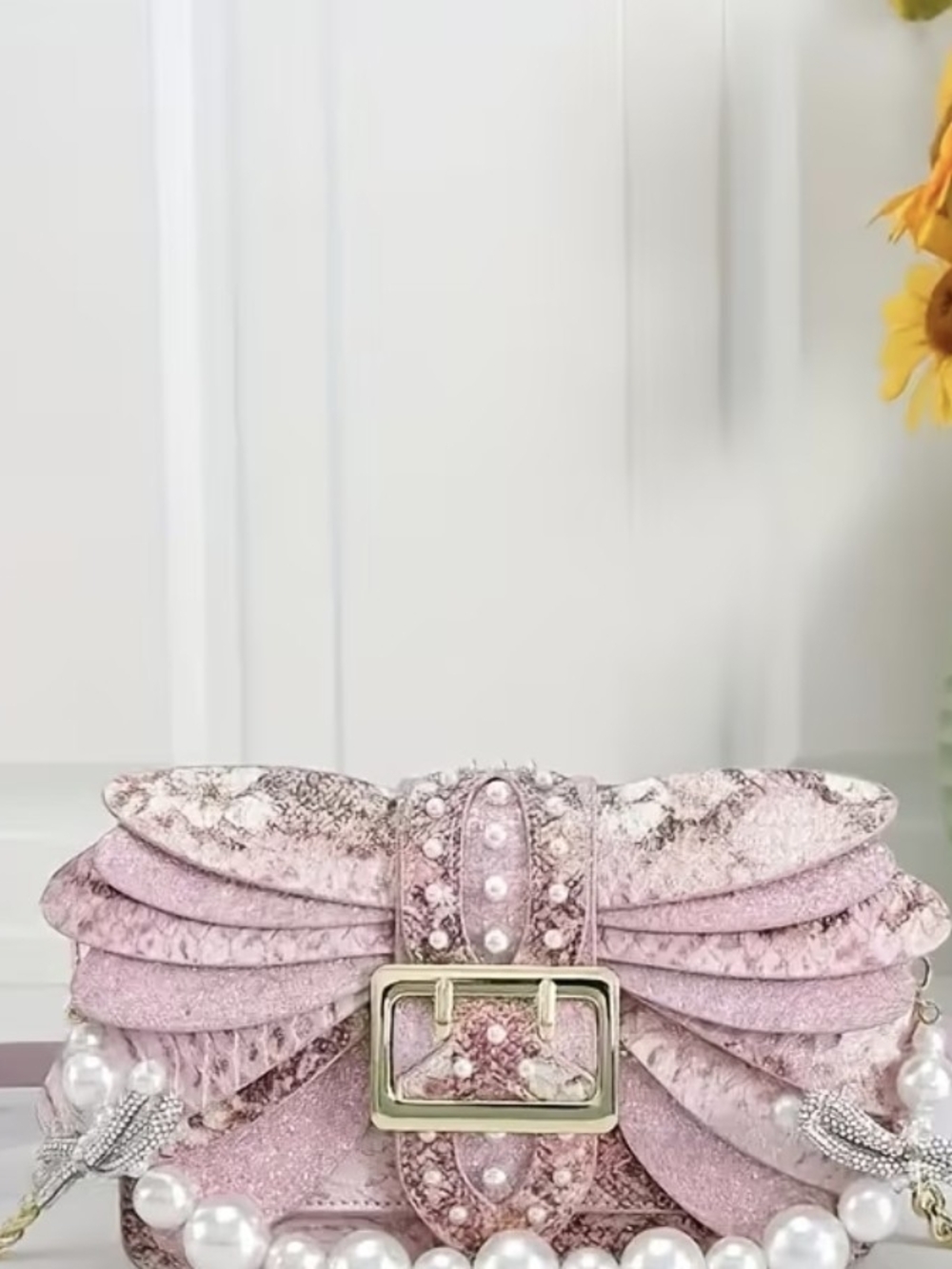 Pink Pearl-Embellished Bow Clutch Handbag